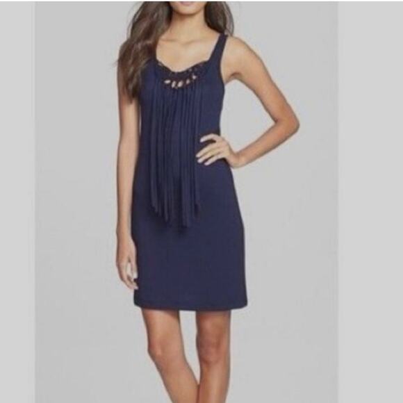 Trina Turk Dresses & Skirts - Trina Turk Althea Fringe Navy Blue Tank Style Dress Sz Small Petite